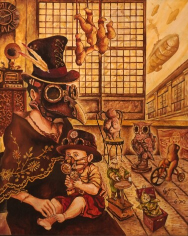 Schilderij getiteld "Cuentame un Cuento" door Nestor Ong, Origineel Kunstwerk, Olie