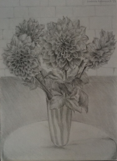 Disegno intitolato "dahlias" da Liudmila Rabinovich, Opera d'arte originale, Matita
