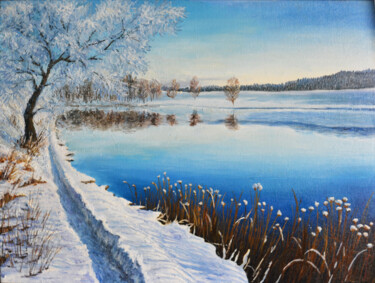 Winter lake Pittura intitolato "Winter lake" da Tabimory, Opera d'arte originale, Olio Montato su Altro pannello rigido