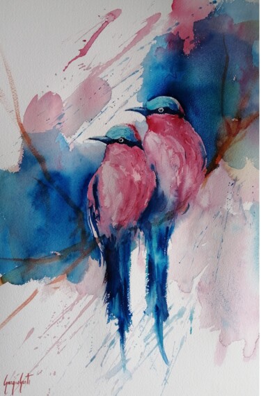Pintura intitulada "Carmine bee-eater" por Giorgio Gosti, Obras de arte originais, Aquarela