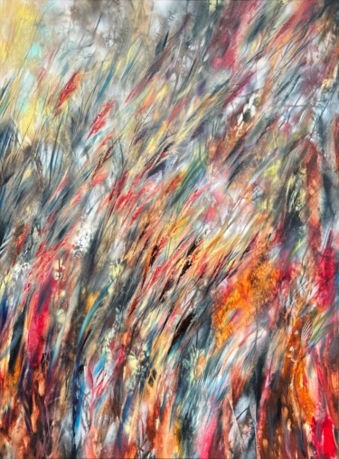 Schilderij getiteld "Crimson Grass" door Khrystyna Kozyuk, Origineel Kunstwerk, Olie Gemonteerd op Frame voor houten brancard