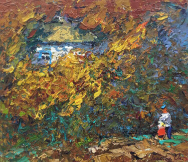 Painting titled "Evening landscape" by Oleksiy Ivanyuk, Original Artwork, Oil Mounted on Wood Stretcher frame