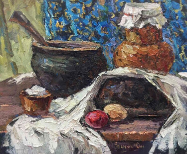 Schilderij getiteld "Bread on the table" door Oksana Ivanyuk, Origineel Kunstwerk, Olie Gemonteerd op Frame voor houten bran…