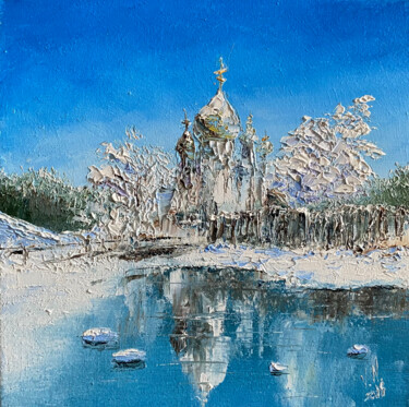 Temple on the lake Schilderij getiteld "Temple on the lake" door Volodymyr Nezdiimynoha, Origineel Kunstwerk, Olie Gemonteerd op Frame voor hou…