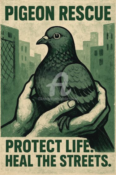 Pigeon Rescue, Protect Life. Heal the Streets Digital Arts titled "Pigeon Rescue, Prot…" by Elodie M. Richard, Original Artwork, AI generated image