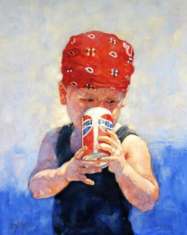 "Little Boy with Soda" Schilderij getiteld ""Little Boy with So…" door Bill James Family Estate-Jo Ann James Trustee, Origineel Kunstwerk, Aquarel