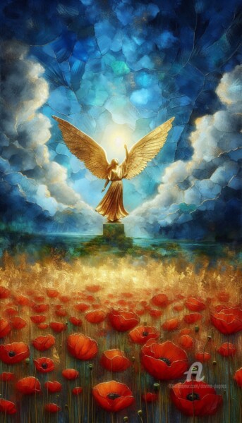 数字艺术 标题为“Red poppy fields” 由Davina Dugnas, 原创艺术品, 数字油画 安装在木质担架架上