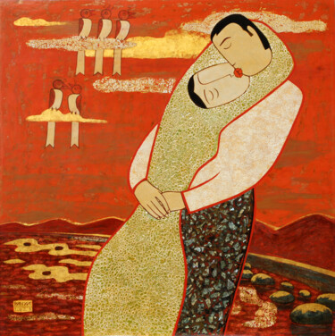 绘画 标题为“THE KISS” 由Du Bui Trong, 原创艺术品, 漆 安装在木板上