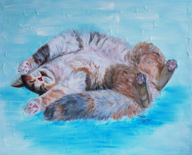 Cute fluffy white cat sleeping on a blue blanket. "Cute fluffy white c…" başlıklı Tablo Julia Crystal tarafından, Orijinal sanat, Petrol Ahşap Sedye çerçevesi üzerine monte e…