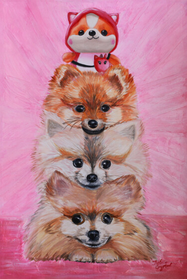 Three Pomeranian Spitz with their favorite toy. Dog portrait 绘画 标题为“Three Pomeranian Sp…” 由Julia Crystal, 原创艺术品, 油 安装在木质担架架上
