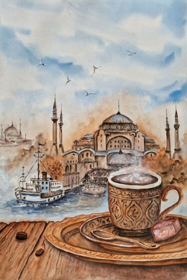 绘画 标题为“Coffee in Istanbul” 由Olena Yemelianova, 原创艺术品, 水彩