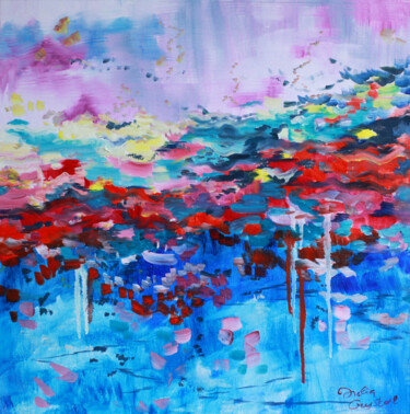 Early morning in a meadow with yellow and red flowers. 绘画 标题为“Early morning in a…” 由Julia Crystal, 原创艺术品, 油 安装在木质担架架上