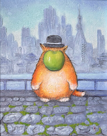 Ginger cat and apple in Rene Magritte style 绘画 标题为“Ginger cat and appl…” 由Joanna Misoteri, 原创艺术品, 丙烯 安装在其他刚性面板上