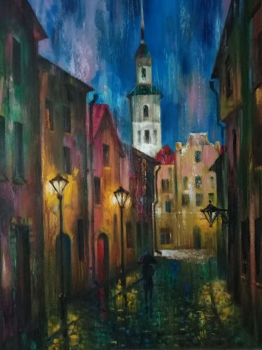 Pittura intitolato "Night city" da Anatoly Tarabanov, Opera d'arte originale, Olio Montato su Telaio per barella in legno