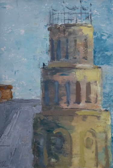 Malerei mit dem Titel "Riga's Tower" von Julija Levuskane, Original-Kunstwerk, Öl Auf Karton montiert