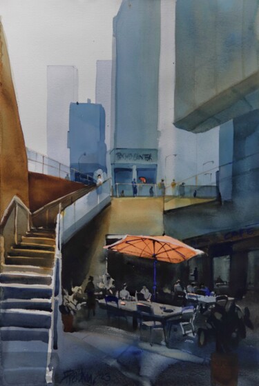 Pittura intitolato "Cafe in urban valley" da Prashant Prabhu, Opera d'arte originale, Acquarello
