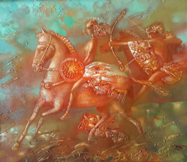 Painting titled "Amazons" by Anatoly Tarabanov, Original Artwork, Oil Mounted on Wood Stretcher frame