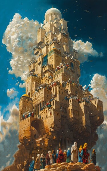 Painting titled "Tower of Babel" by Andre Gulyaev, Original Artwork, Oil Mounted on Wood Stretcher frame