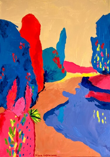Pastel Paradise – Abstract Beach Scene in Soft Neon Colors 제목이 "Pastel Paradise – A…"인 미술작품 Milana Expressions로, 원작, 아크릴 나무 들것 프레임에 장착됨