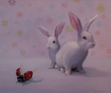 제목이 ""Rabbits and Ladybu…"인 미술작품 Elena I Gennady Vylusk (Goshiki)로, 원작, 기름 나무 들것 프레임에 장착됨
