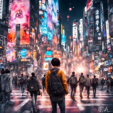 제목이 "Foule Néon : Traver…"인 디지털 아트 Gaboriau Gérald로, 원작, 디지털 페인팅