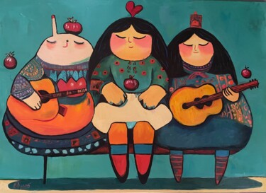 Whimsical Folk Art Orchestra_1 Peinture intitulée "Whimsical Folk Art…" par Victoria Kukuy, Œuvre d'art originale, Huile Monté sur Châssis en bois
