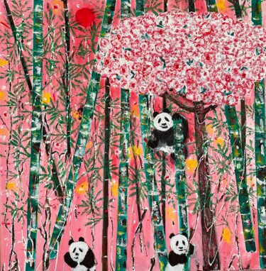 Schilderij getiteld "Panda Paradise 4" door Christian Perez De Carvasal, Origineel Kunstwerk, Olie Gemonteerd op Frame voor…