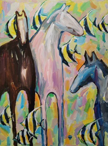 Three horses with tropical fish, the triumph of freedom №1 Картина под названием "Three horses with t…" - Serg Kuri, Подлинное произведение искусства, Акрил