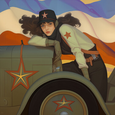 Woman in Military Uniform by Retro Car with Red Star Arte digitale intitolato "Woman in Military U…" da Miroslava Kettounen, Opera d'arte originale, Lavoro digitale 2D