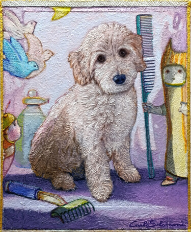绘画 标题为“AT THE GROOMER” 由Carlo Salomoni, 原创艺术品, 丙烯 安装在木板上