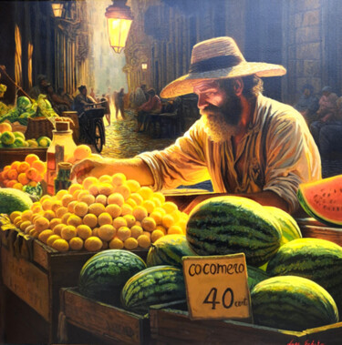 「" Tra frutta e bagl…」というタイトルの絵画 Luca Sabatoによって, オリジナルのアートワーク, オイル ウッドストレッチャーフレームにマウント
