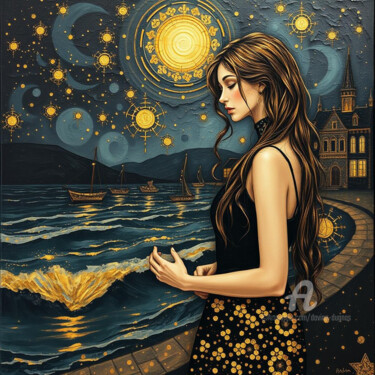 Arte digitale intitolato "Moonlight promenade" da Davina Dugnas, Opera d'arte originale, Pittura digitale Montato su Telaio…