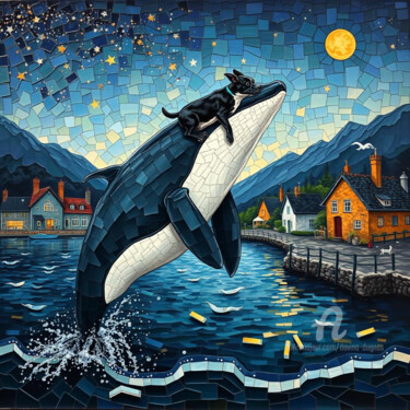 Digital Arts με τίτλο "Orca Dog and Moon" από Davina Dugnas, Αυθεντικά έργα τέχνης, Ψηφιακή ζωγραφική Τοποθετήθηκε στο Ξύλιν…