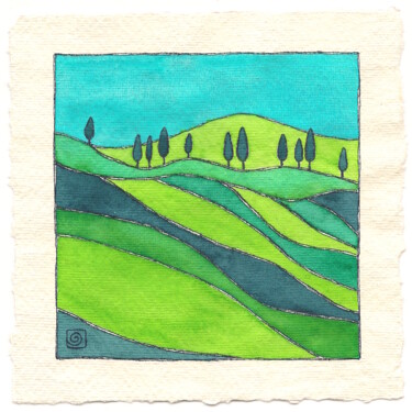 Cypresses and Wavy Meadows Картина под названием "Cypresses and Wavy…" - Anni Tait, Подлинное произведение искусства, Акварель