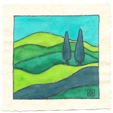 Картина под названием "Two Cypresses in Po…" - Anni Tait, Подлинное произведение искусства, Акварель