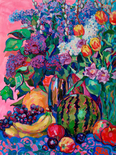 Pink Summer Lilacs, Tulips, Watermelon Peinture intitulée "Pink Summer Lilacs,…" par Anastasiia Kurkova, Œuvre d'art originale, Huile Monté sur Châssis en bois