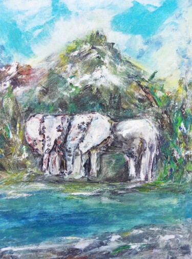 绘画 标题为“Himalayan Elephants” 由Selena Sashina, 原创艺术品, 油 安装在木质担架架上