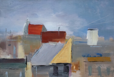 제목이 "Roofs at Dusk"인 미술작품 Julija Levuskane로, 원작, 기름 판지에 장착됨