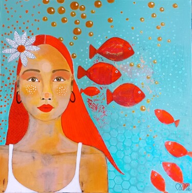 Painting titled "Les poissons de Léna" by Mapie, Original Artwork, Acrylic Mounted on Wood Stretcher frame