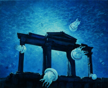Schilderij getiteld "Jellyfish Portal" door Oleg Kateryniuk, Origineel Kunstwerk, Olie Gemonteerd op Frame voor houten branc…