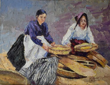 Donne al setaccio Картина под названием "Donne al setaccio" - Gianni Mattu, Подлинное произведение искусства, Масло Установлен на картон