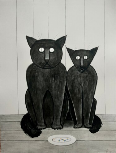 The Cat family Tekening getiteld "The Cat family" door Roman Sergienko, Origineel Kunstwerk, Krijt