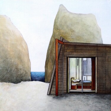 Painting titled "HOUSE BEACH" by Mea N. Ambrozo, Original Artwork, Acrylic Mounted on Cardboard