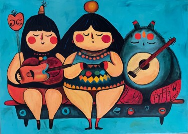 Whimsical Folk Art Orchestra_2 Peinture intitulée "Whimsical Folk Art…" par Victoria Kukuy, Œuvre d'art originale, Huile Monté sur Châssis en bois