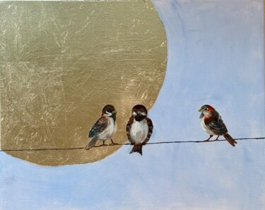Les Trois Moineaux et la Lune Dorée Schilderij getiteld "Les Trois Moineaux…" door Antanina Galoubets (Antanina Shkradjuk), Origineel Kunstwerk, Acryl Gemonteer…