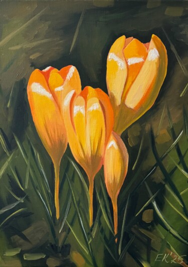Yellow crocuses Peinture intitulée "Yellow crocuses" par Elena Krikunova, Œuvre d'art originale, Huile