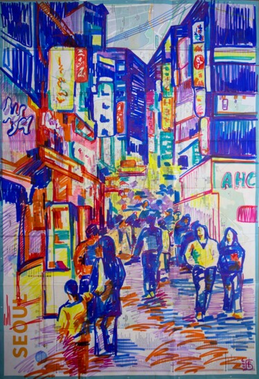 Tekening getiteld "Seoul Myeongdong" door Kateryna Bortsova, Origineel Kunstwerk, Marker