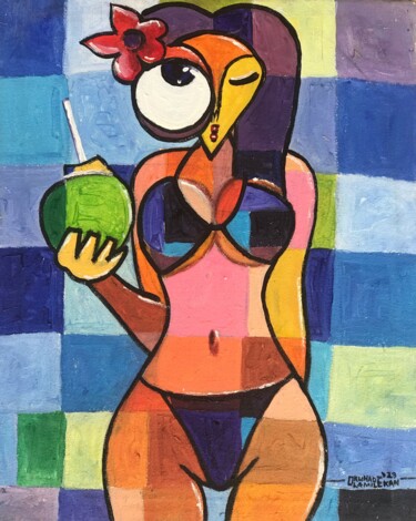 Schilderij getiteld "Serenity by the Sho…" door Olamilekan Okunade, Origineel Kunstwerk, Acryl