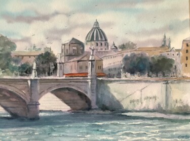 St. Angelo Bridge, Vatican Rome, Italy. Pintura titulada "St. Angelo Bridge,…" por Darrencareyart Darren Carey, Obra de arte original, Acuarela Montado en Cartulina
