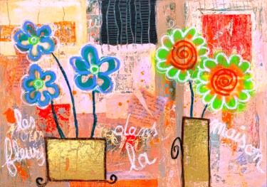 Schilderij getiteld "Les Fleurs dans la…" door Roger.M, Origineel Kunstwerk, Acryl Gemonteerd op Frame voor houten brancard